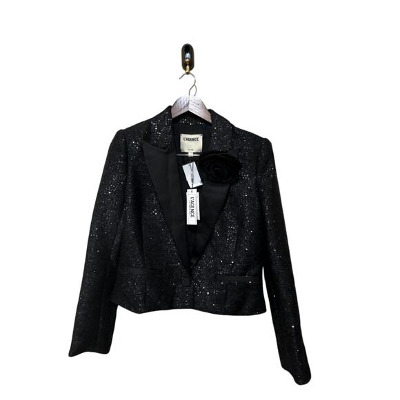 L'Agence Scarlet Black Sequin Cropped Blazer with Rose Pin Size 6 - Picture 7 of 8
